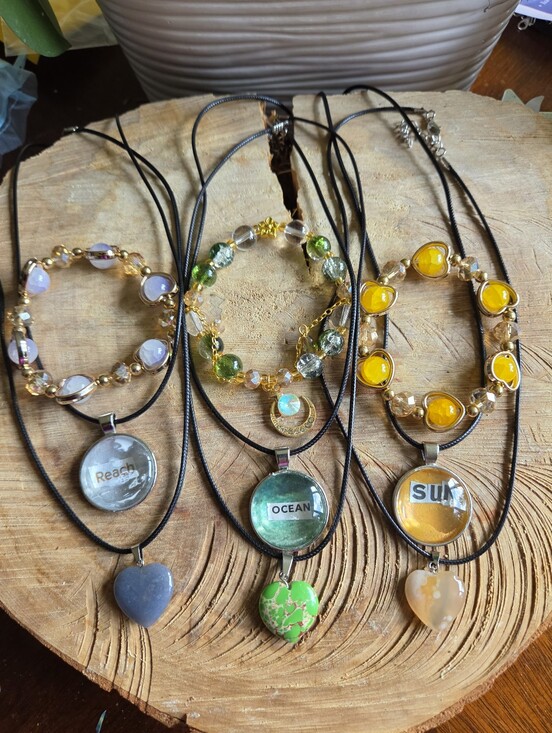 handcrafted Jewelry - Handcrafted Set Of 9 Glass Beaded Bracelets, Heart Stones & Cabochon Necklaces
